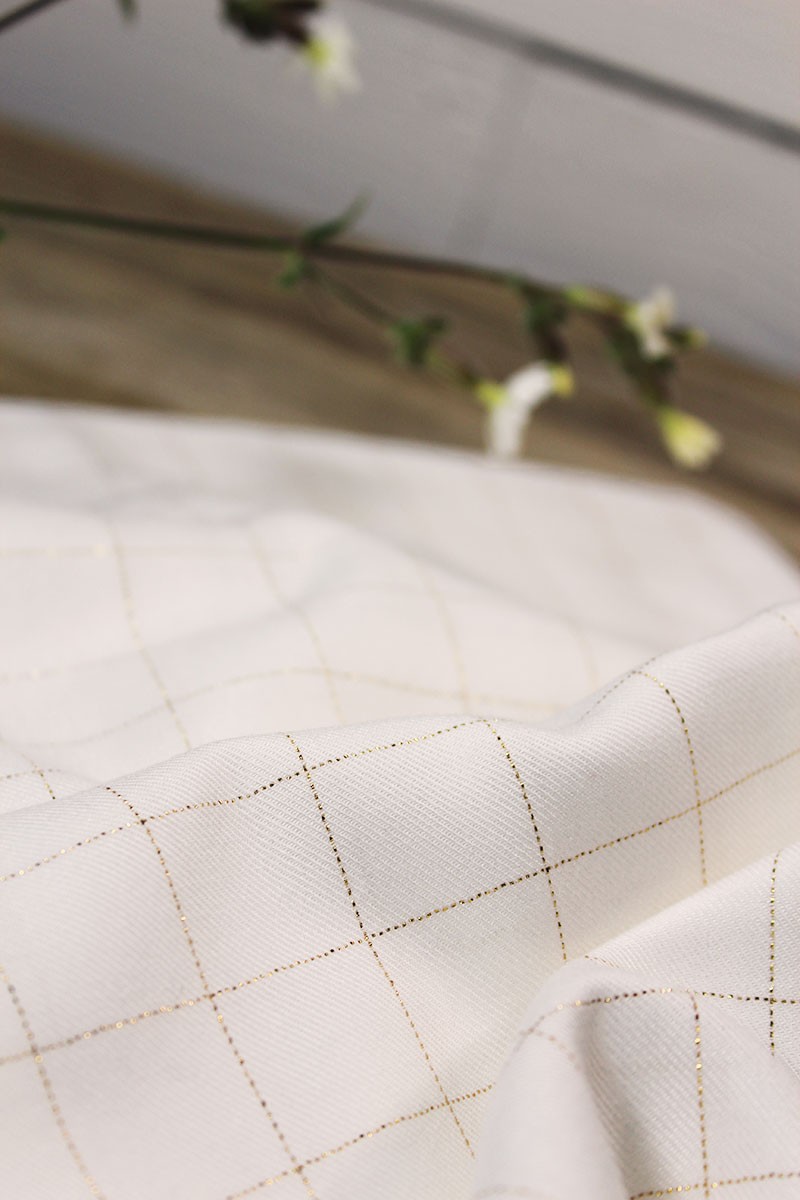 Tissu Carreaux Nacre Lurex Doré Sergé