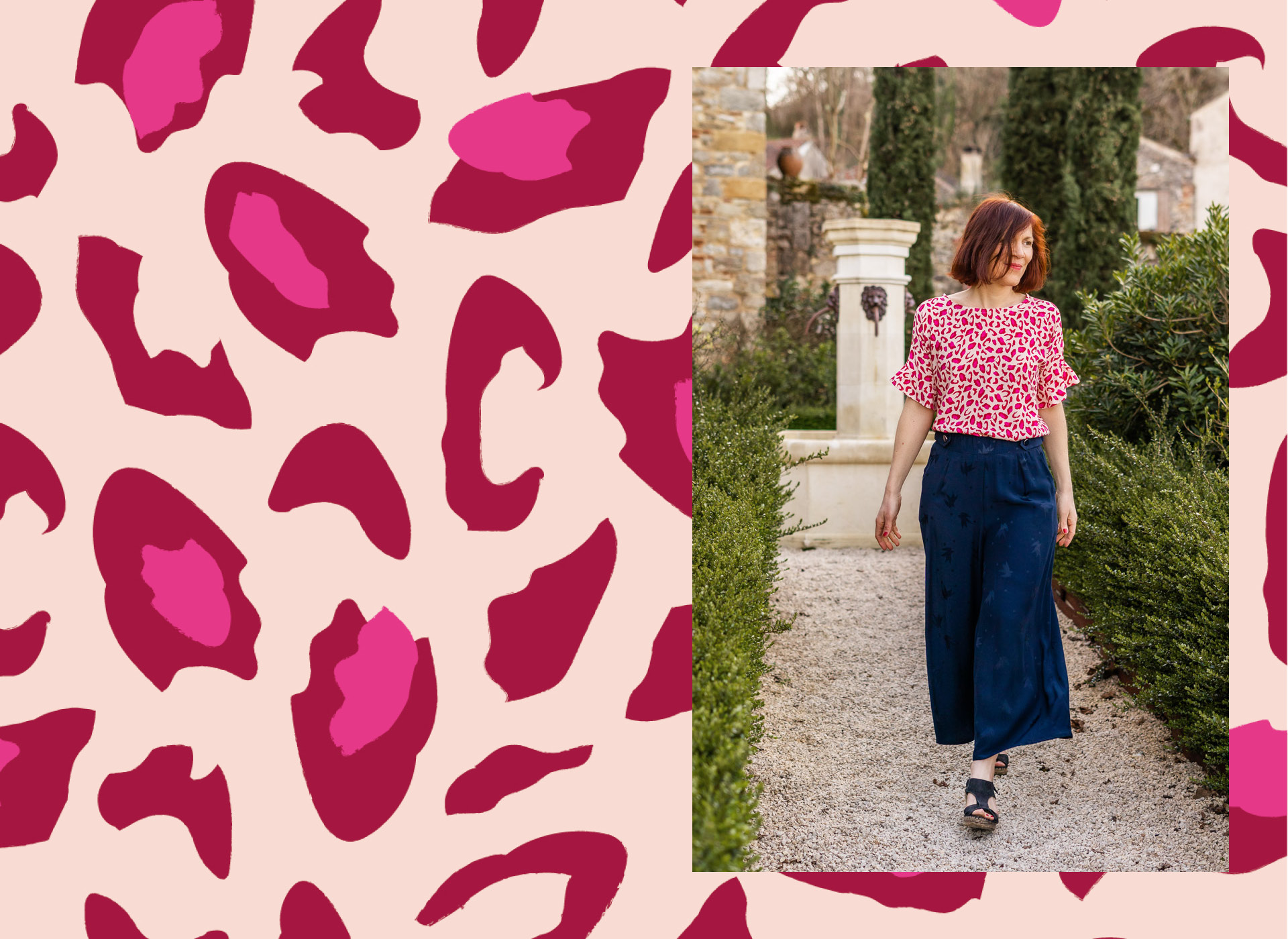 lookbook bagheera collection tissus léopard Eglantine et Zoé viscose bagheera rouge grenade